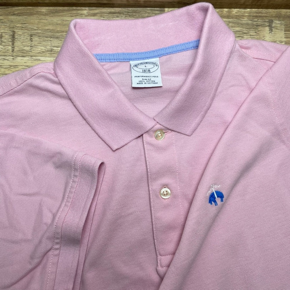 Brooks Brothers 1818 Performance Slim Polo‎ Shirt Pink Blue Golden Fleece Men L